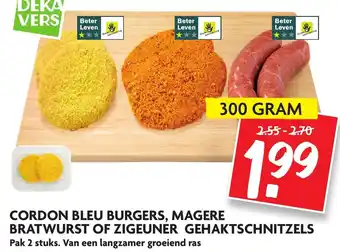 Dekamarkt Cordon Bleu burgers, Magere Bratwurst of Zigeuner gehaktschnitzels 300g aanbieding