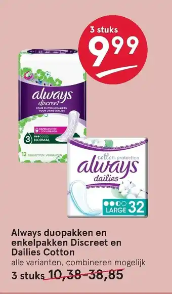 Etos Always Duopakken En Enkelpakken Discreet en Dailies Cotton 3 stuks aanbieding