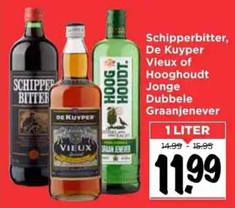 Vomar Voordeelmarkt Schipperbitter, De Kuyper Vieux of Hooghoudt Jonge Dubbele Graanjenever 1L aanbieding