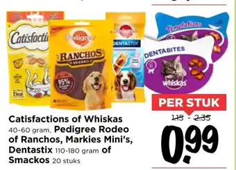 Vomar Voordeelmarkt Whiskas of Catisfactions 40-60g, Pedigree Rodeo of Ranchos, Markies Mini's, Dentastix 110-180g of Smackos 20st aanbieding