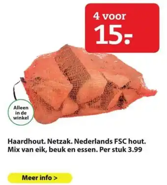 Boerenbond Haardhout. Netzak. Nederlands FSC hout. Mix van eik, beuk en essen. aanbieding