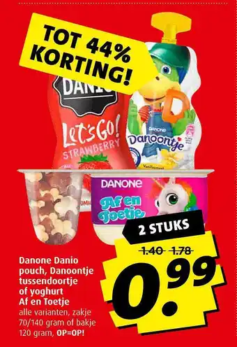 Boni Danone Danio Pouch, Danoontje Tussendoortje Of Yoghurt Af En Toetje Tot 44% Korting aanbieding