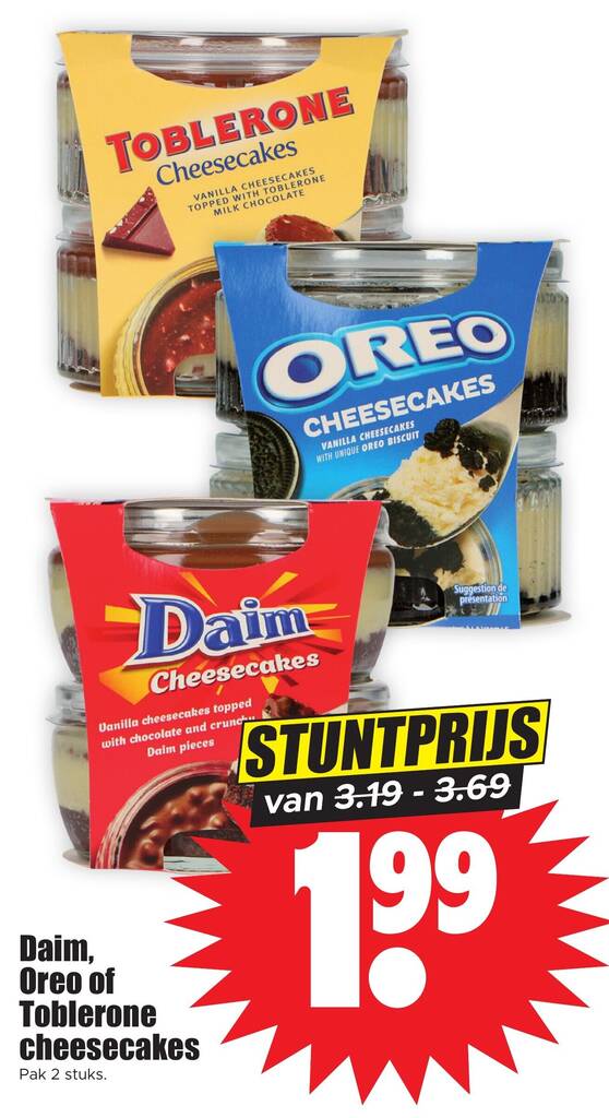 Daim, Oreo of Toblerone cheesecakes aanbieding bij Dirk
