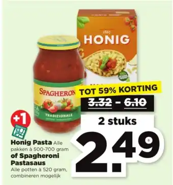 PLUS Honig pasta of spagheroni pastasaus 2 stuks aanbieding