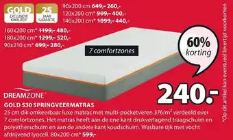 Jysk DreamZone Gold S30 springveermatras 80*200 aanbieding