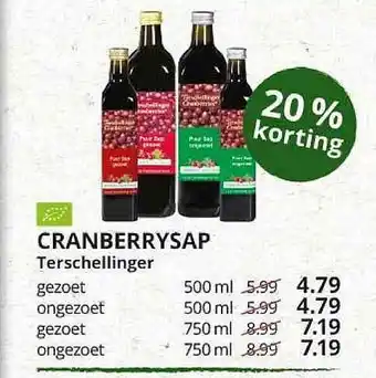 Natuurwinkel Cranberrysap Terschellinger 20% Korting aanbieding