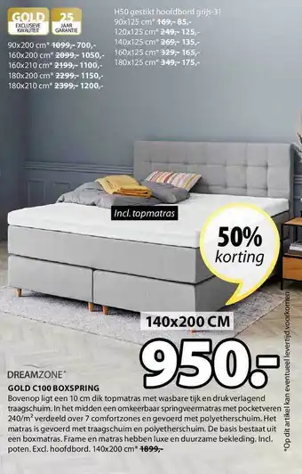 Jysk Dreamzone Gold C100 Boxspring 140x200cm aanbieding