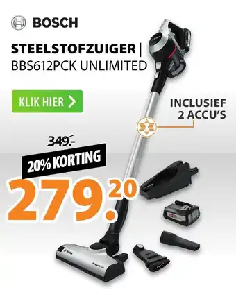 Expert Bosch Steelstofzuiger | BBS612PCK Unlimited aanbieding