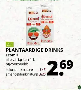 Ekoplaza Plantaardige drinks ecomil kokosdrink naturel of amandeldrink naturel 1 l aanbieding