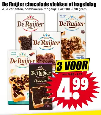 Dirk De Ruijter Chocoladevlokken of hagelslag 3*200-390g aanbieding