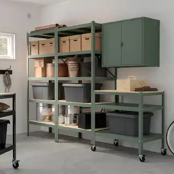 IKEA Bror Opberger m planken/kast/trolley, grijsgroen/grenen triplex aanbieding