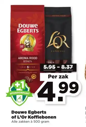 PLUS Douwe Egberts of L'Or Koffiebonen 500 gram per zak aanbieding