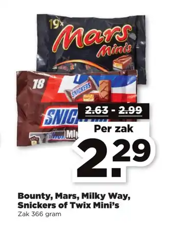 PLUS Bounty, Mars, Milky Way, Snickers of Twix Mini's zak 366 gram aanbieding