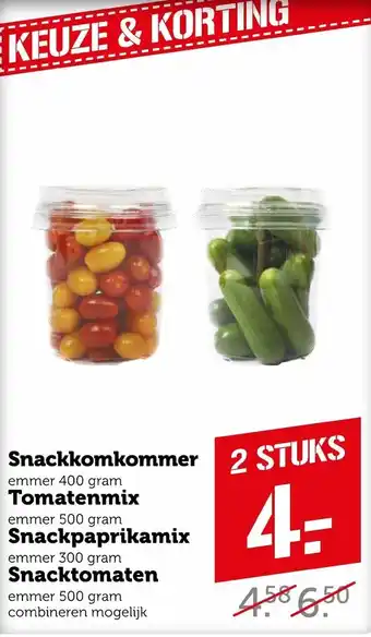 Coop Snackkomkommer 400 gram, tomatenmix 500 gram, snackpaprikamix 300 gram of snacktomaten 500 gram aanbieding