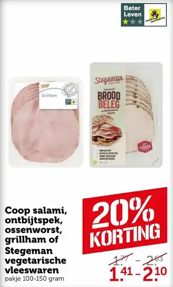 Coop Coop salami, ontbijtspek, ossenworst, grillham of stegeman vegetarische vleeswaren aanbieding