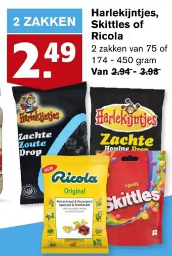 Hoogvliet Harlekijntjes, Skittles of Ricola 2*75/174-450g aanbieding