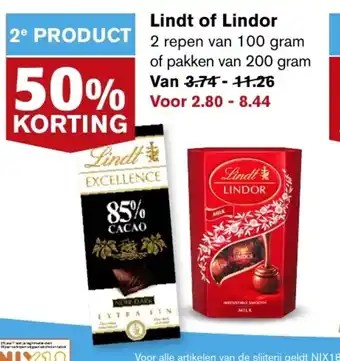 Hoogvliet Lindt Excellence of Lindor 2*100g/200g aanbieding