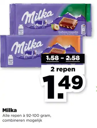 PLUS Milka Alle repen à 92-100 gram, combineren mogelijk aanbieding