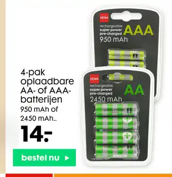 HEMA 4-Pak Oplaadbare AA- of AAA Batterijen aanbieding