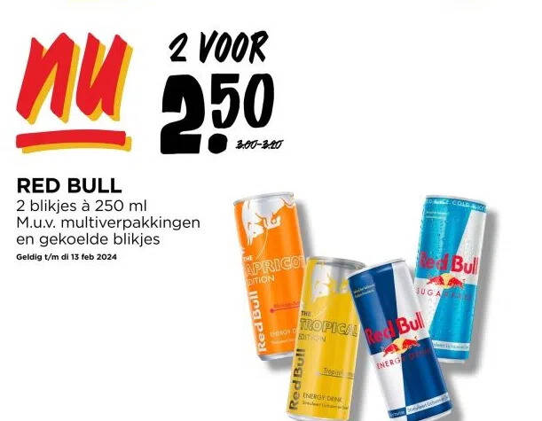 RED BULL 2 blikjes à 250 ml M.u.v. multiverpakkingen en gekoelde