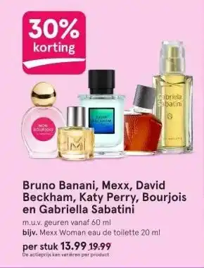 Etos Bruno Banani, Mexx, David Beckham, Katy Perry, Bourjois en Gabriella Sabatini aanbieding