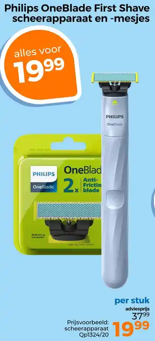 Trekpleister Philips OneBlade scheerapparaat First Shave en -mesjes aanbieding