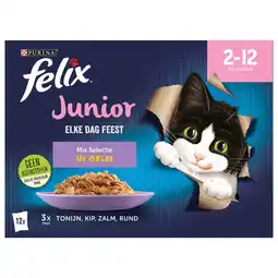 Pets Place Felix Multipack Elke Dag Feest Mix Selectie In Gelei Junior - Kattenvoer - Tonijn Kip Zalm 12x85 g aanbieding