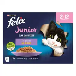 Pets Place Felix Multipack Elke Dag Feest Mix Selectie In Gelei Junior - Kattenvoer - Tonijn Kip Zalm 12x85 g aanbieding