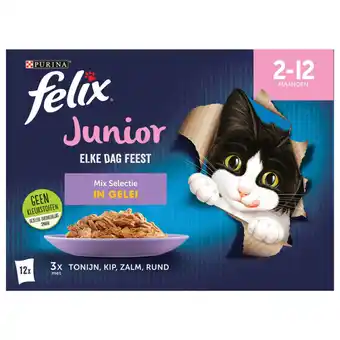 Pets Place Felix Multipack Elke Dag Feest Mix Selectie In Gelei Junior - Kattenvoer - Tonijn Kip Zalm 12x85 g aanbieding