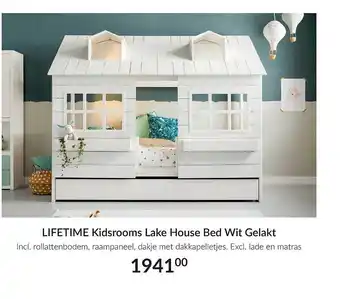 Babypark Lifetime Kidsroom Lake House Bed Wit Gelakt Incl. Rollatenbodem, Raampaneel, Dakje Met Dakkalpelletjes aanbieding