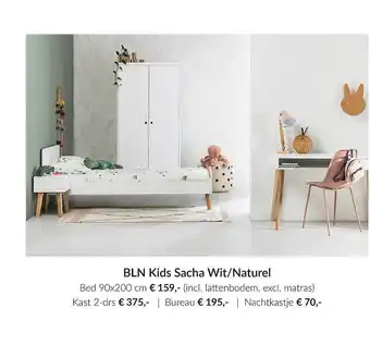 Babypark BLN Kids Sacha Wit-Naturel : Bed 90x200 Cm (incl. Lattenbodem Excl. Matras) | Kast 2-Drs | Bureau | Nachtkastje aanbieding