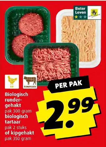 Boni Biologisch rundergehakt biologisch tartaar of kipgehakt per pak aanbieding