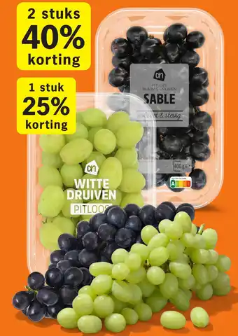 Albert Heijn Witte druiven pitloos 500 gram en Sable blauwe druiven pitloos 400 gram aanbieding