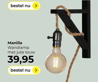 Lampidee Manilla - Wandlamp 1 lichts zwart met jute touw aanbieding