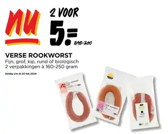 Jumbo VERSE ROOKWORST Fijn, grof, kip, rund of biologisch 2 verpakkingen à 160-250 gram aanbieding