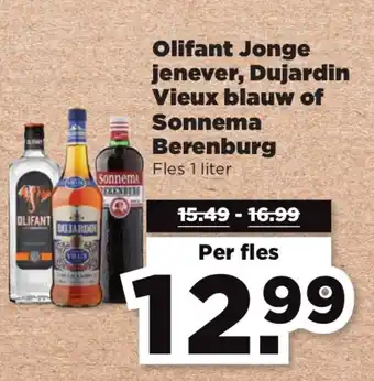 PLUS Olifant Jonge jenever, Dujardin Vieux blauw of Sonnema Berenburg Fles 1 liter aanbieding