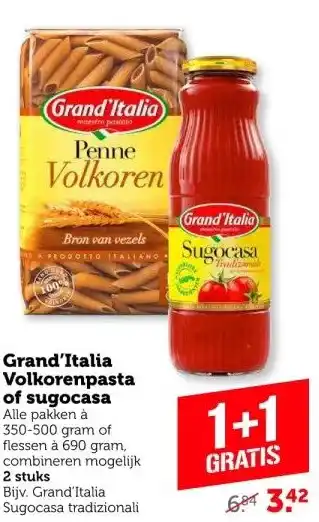 Coop Grand'Italia Volkorenpasta of sugocasa aanbieding