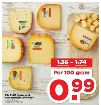 PLUS Alle Plus Klaverland kaas Stukken 35+ of 48+ 100 gram aanbieding