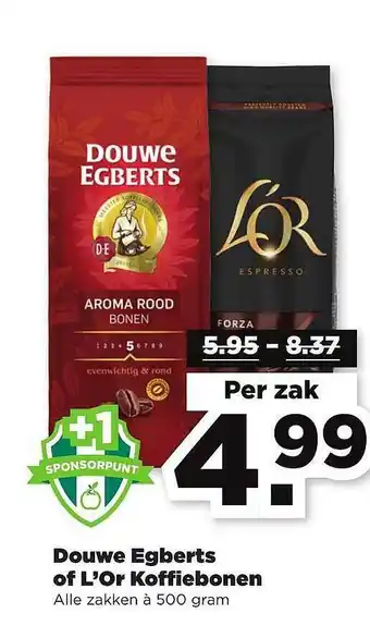 PLUS Douwe Egberts of L'Or Koffiebonen  500 gram aanbieding