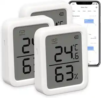 Amazon SwitchBot Binnenthermometer en -hygrometer, set van 3, sensor voor binnentemperatuur en vochtigheid met slimme waarschuwing e aanbieding