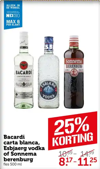 Coop Bacardi carta blanca, Esbjaerg vodka of Sonnema berenburg fles 500 ml aanbieding