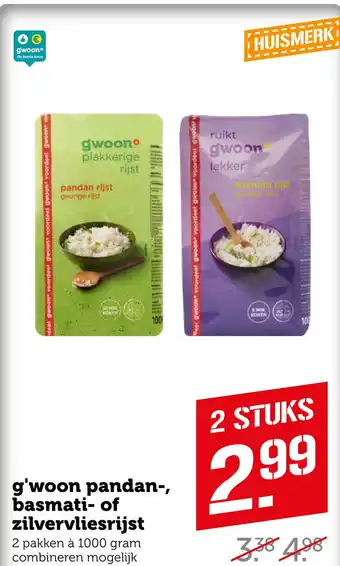 Coop g'woon pandan-, basmati- of zilvervliesrijst aanbieding