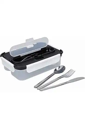 Amazon BUILT Bento Lekvrije broodtrommel met roestvrij stalen bestek, kunststof, zwart/wit, 23,5 x 17 x 6,5 cm aanbieding