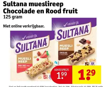Kruidvat Sultana mueslireep Chocolade en Rood fruit 125 gram aanbieding