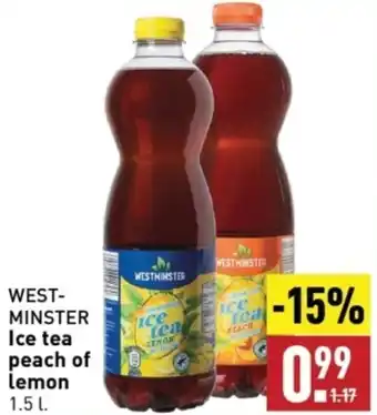 ALDI WESTMINSTER Ice tea peach of lemon 1.5 L. aanbieding