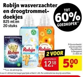 Kruidvat Robijn wasverzachter en droogtrommeldoekjes 825 ml en 20 stuks aanbieding