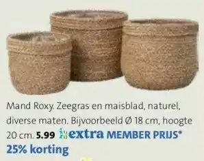 Intratuin Mand Roxy. Zeegras en maisblad, naturel, diverse maten. Bijvoorbeeld Ø 18 cm, hoogte 20 cm. 5.99 extra MEMBER PRIJS* 25% kort aanbieding