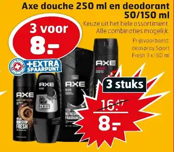 Trekpleister Axe douche 250 ml en deodorant 50/150 ml aanbieding