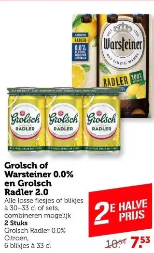 Coop Grolsch of Warsteiner 0.0% en Grolsch Radler 2.0 aanbieding