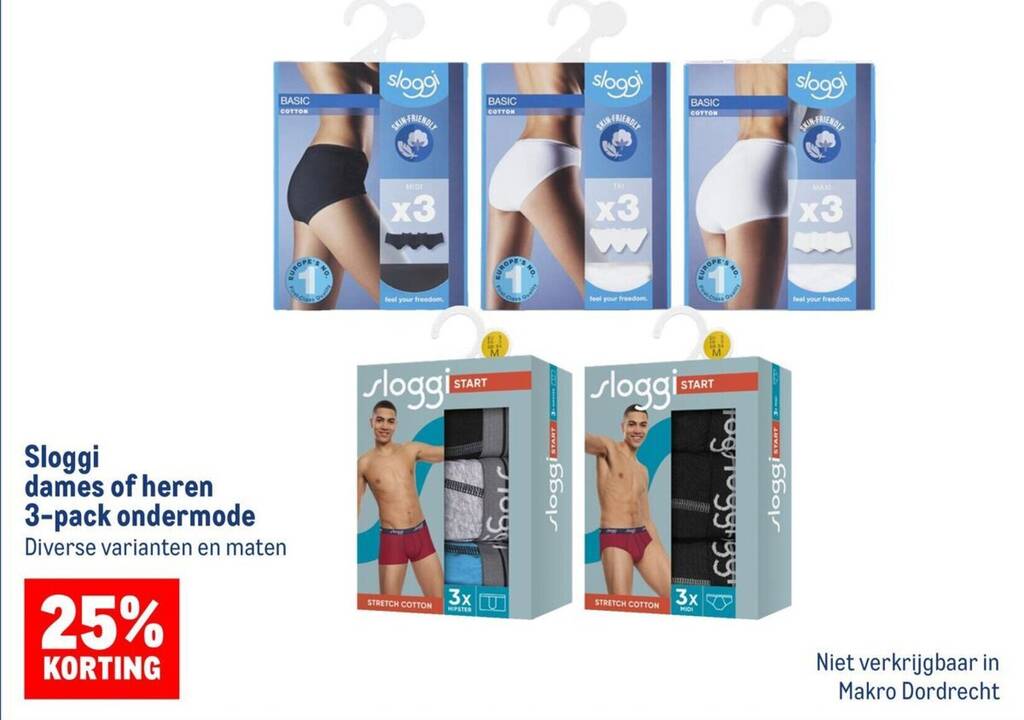 Sloggi dames of heren 3 pack ondermode aanbieding bij Makro